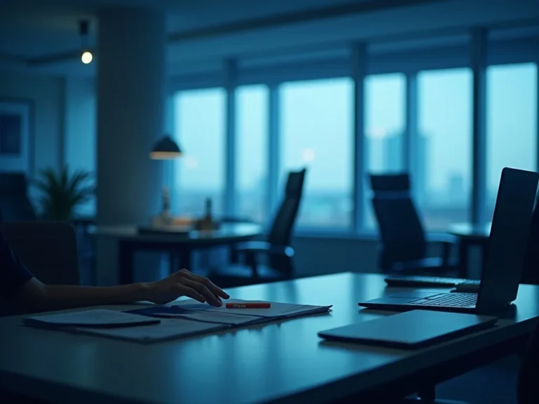 Professional workspace with calm navy blue tones representing burnout awareness