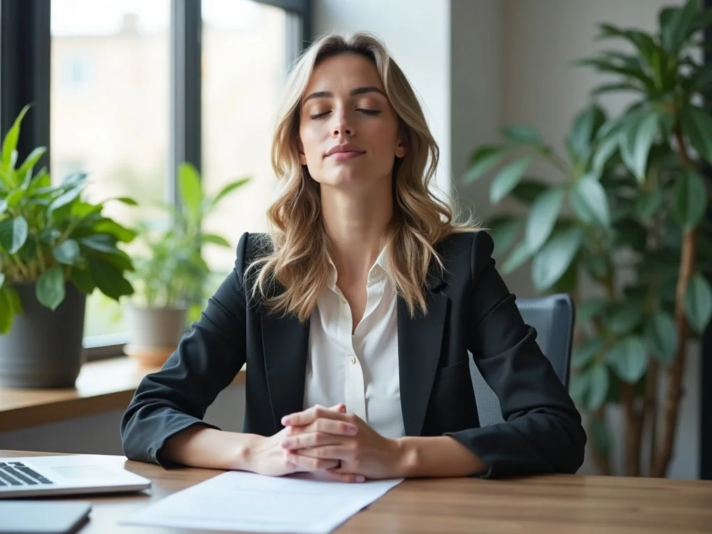 A professional woman sitting at a modern desk near a window, eyes closed in a brief meditation moment, office plants and