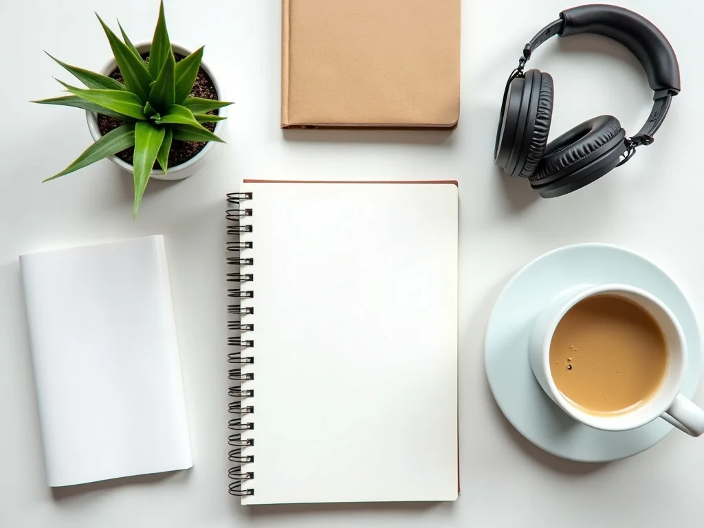 Overhead flat lay of a clean desk with a notebook, a small plant, noise-cancelling headphones, and a cup of coffee, orga