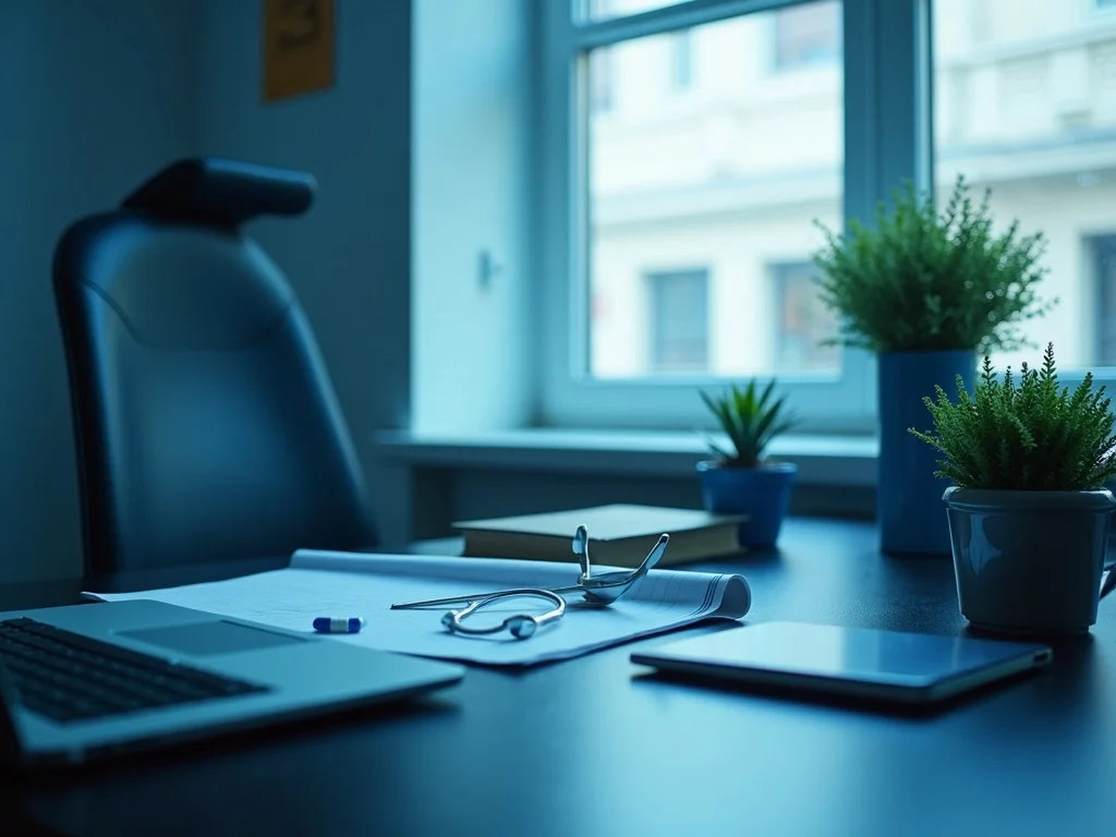 Burnout vs depression - professional workspace with calm navy blue tones