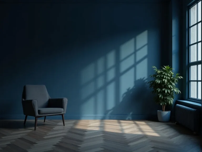 A calm professional workspace with natural light, deep navy blue tones, peaceful atmosphere, no face visible, no text, e
