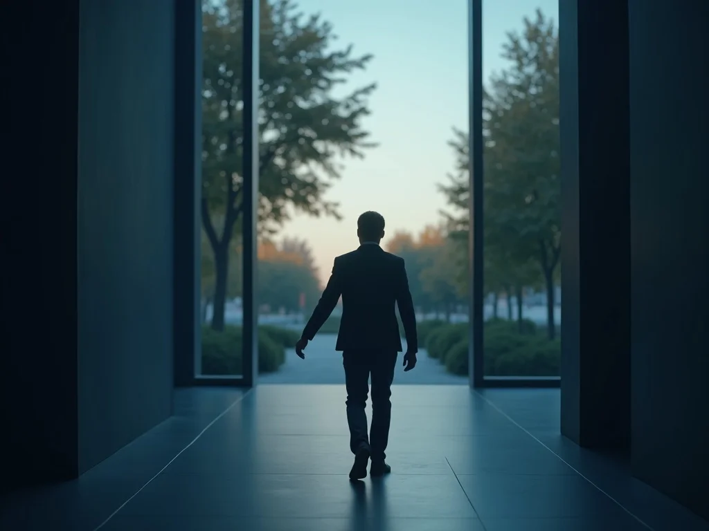 Person walking away from office into peaceful evening light