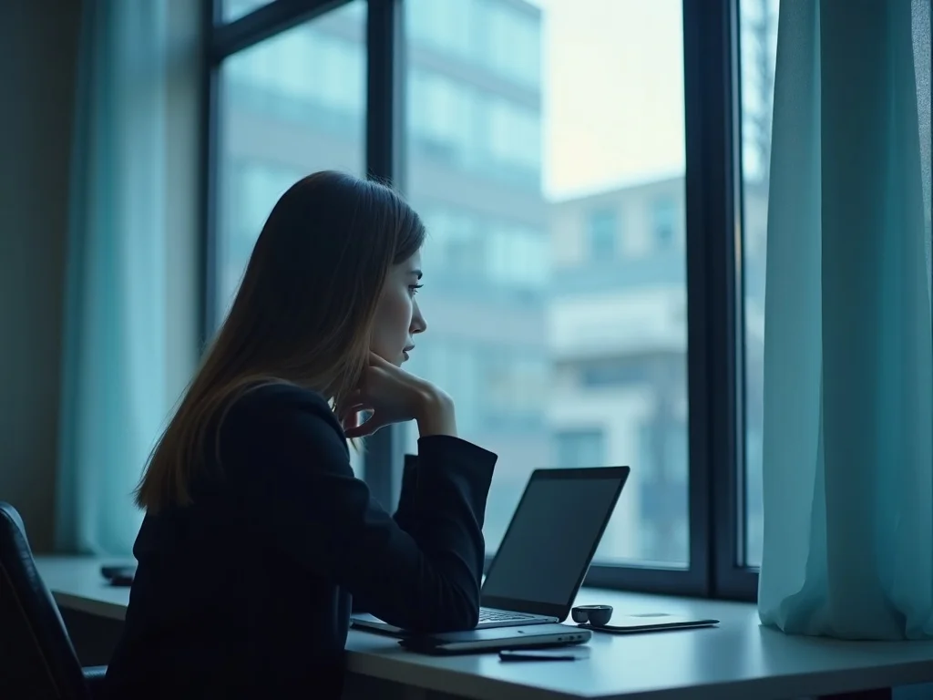 Professional taking a quiet moment near a window in a modern office